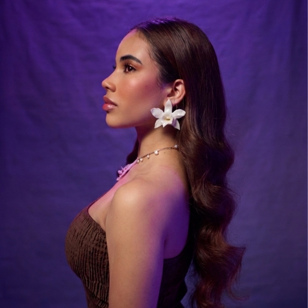 “white sculptural orchid earrings made from real preserved flowers”

“handcrafted white floral earrings with 925 silver finish”

“real orchid jewelry lightweight sculptural design”

“nature inspired white orchid earrings on model”